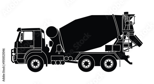 A black silhouette of a concrete mixer truck shown in a side profile against a white background