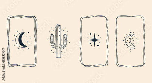 Mystical Boho Tarot Card Designs with Moon, Stars, Cactus, and Celestial Elements