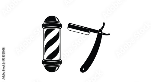 Barber pole and straight razor depiction in black a striking silhouette