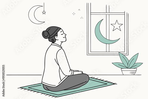 Peaceful Muslim Woman Meditating or Praying at Night