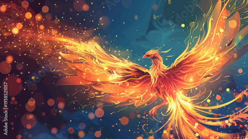 Fiery phoenix with wings spread against a starry background