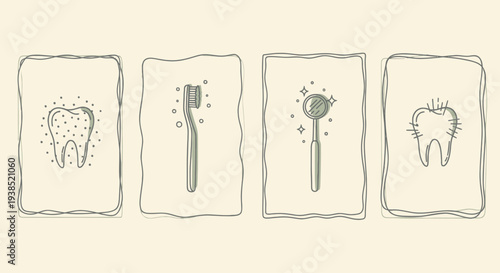 Dental Care Icons: Toothbrush, Mirror, Healthy and Unhealthy Teeth