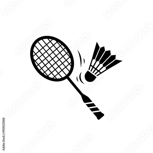 Black badminton racket hitting shuttlecock in motion.