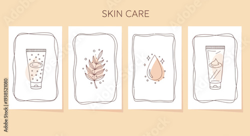 Minimalist Skincare Routine Set: Cream, Leaf, Drop, Serum Illustration