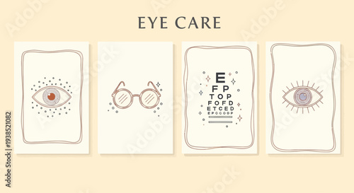 Eye Care Concept: Vision Test Chart, Glasses, and Eyes Illustrations