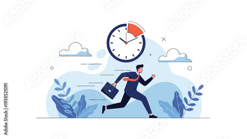 Businessman running fast with briefcase to meet deadline under giant clock representing time pressure and busy work life.
