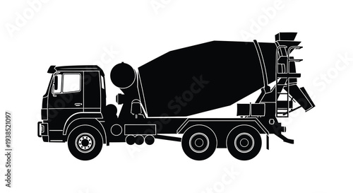 A black silhouette of a concrete mixer truck depicted in a side profile view for industrial use