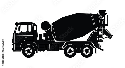 A black silhouette of a concrete mixer truck viewed from the side on a white background