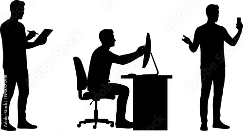 Person writing on tablet with stylus, office worker using computer monitor, individual holding smartphone for selfie or video call, digital technology silhouettes illustration