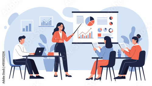 Female professional giving business presentation with charts and graphs to attentive team in modern office environment.