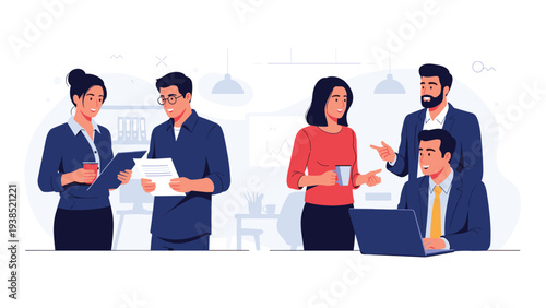 Business team working together in a modern office with laptop and documents representing professional collaboration.