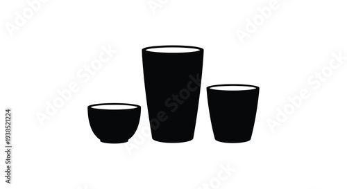 A simple black and white illustration depicting three different sized ceramic cups or bowls high quality