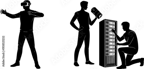 Silhouetted figures using virtual reality headset, observing hardware, and maintaining server rack, representing modern technology, VR interaction, IT support, and network management