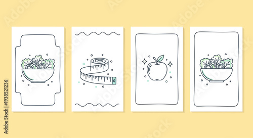Healthy Lifestyle Icons: Salad Bowl, Measuring Tape, Apple, and Nutrition Concept