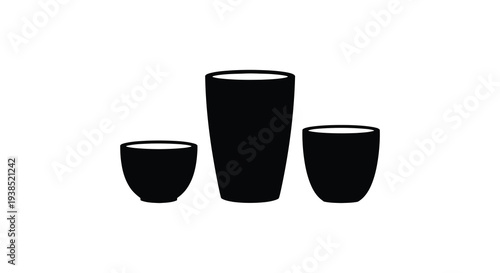 A minimalist depiction of three black silhouettes of ceramic cups on a white background high quality