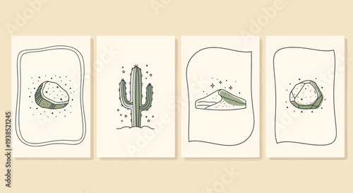 Minimalist Desert Art Set: Cactus, Sand Dunes, and Stones