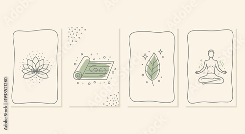 Yoga and Meditation Icons: Lotus, Mat, Leaf, and Person in Lotus Pose