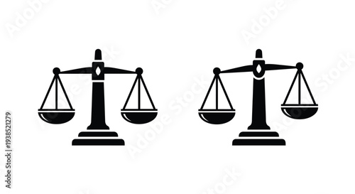 Scales of justice depicted in a stark black silhouette