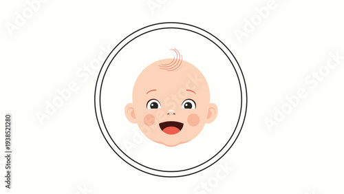 Cheerful infant face with a wide smile and rosy cheeks depicted in a simple circular frame for nursery art or baby branding.