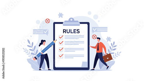 Business professionals reviewing and checking off requirements on a large clipboard titled rules to ensure compliance and order.