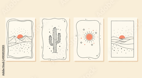 Boho Desert Landscape Art Prints - Sun, Cactus, Mountains, Minimalist Wall Decor