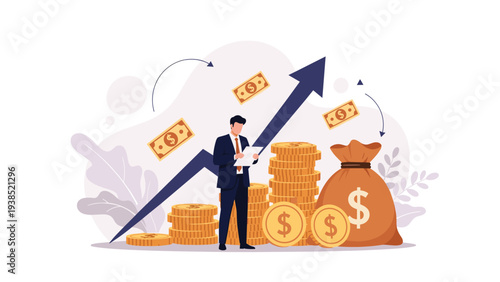 Wealth accumulation and business profit concept with man analyzing documents among stacks of coins and money bag.