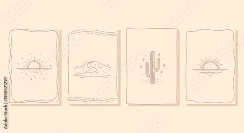 Desert Oasis Line Art: Sun, Cactus, Dunes, Minimalist Mid-Century Style