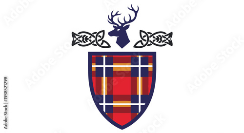 Scottish Heraldic Crest with Deep Blue Plaid Shield Stag Head Silhouette and Celtic Knots on White Background