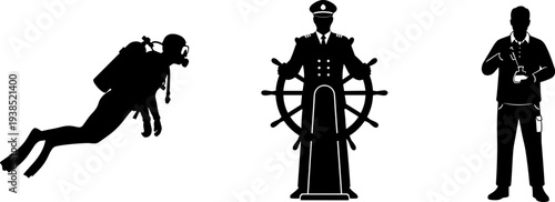 Scuba diver swimming underwater with oxygen tank, ship captain steering wheel, scientist holding flask and dropper, diverse professions silhouettes marine navigation research illustration