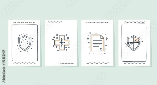 Medical Insurance and Protection Icons Set: Shield, Cross, Document