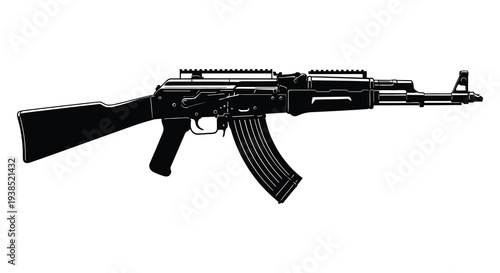 A black silhouette of an ak 47 assault rifle displayed on a plain white background high quality