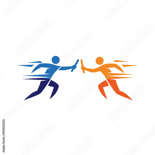 Two runners passing a baton in a relay race.
