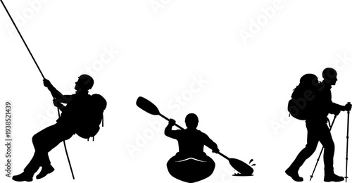 Silhouetted adventurers rappelling with rope, kayaking with paddle, hiking with trekking poles, outdoor recreation illustration, adventure sports vector art, nature exploration lifestyle concept