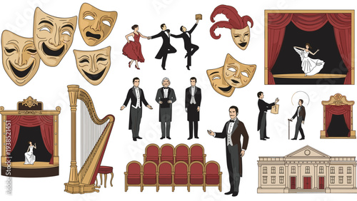 Comprehensive set of theatrical and musical icons featuring comedy and tragedy masks, ballet dancers, a harp, and stage settings.
