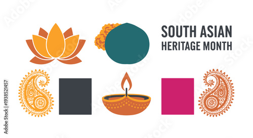 South Asian Heritage Month Icons Featuring Lotus Flower Marigold Diya Lamp Paisley Patterns and Geometric Shapes for Cultural Celebration
