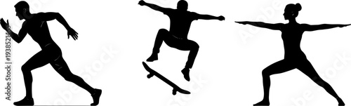 Runner sprinting forward in athletic pose, skateboarder performing trick mid-air, person practicing yoga Warrior II pose, fitness activities silhouettes, exercise lifestyle illustration