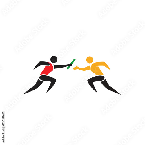 Two athletes competing in a relay race, passing the baton.