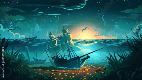 Dramatic scene of a shipwrecked sailing vessel on a tranquil ocean at sunset