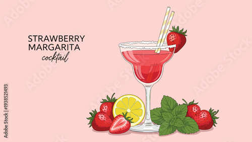 Refreshing strawberry margarita cocktail served in a glass garnished with berries and mint leaves on a pink background.
