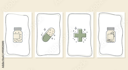 Medical Icons: Pills, Capsule, Cross, and Bottle on Beige Background