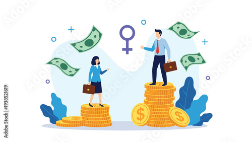Conceptual illustration of a man and woman standing on uneven stacks of coins to represent the gender pay gap in business.