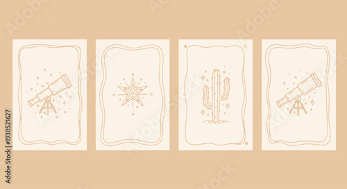 Celestial Desert Icons: Telescope, Star, Cactus Set
