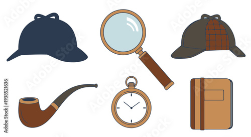 Collection of Classic Detective Mystery Icons Including a Deerstalker Hat Magnifying Glass Smoking Pipe Pocket Watch and Satchel on a White Background