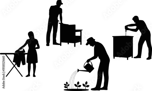 Person ironing clothes on board, worker assembling furniture, handyman using screwdriver on cabinet, gardener watering plants, household chores silhouettes, domestic maintenance illustration