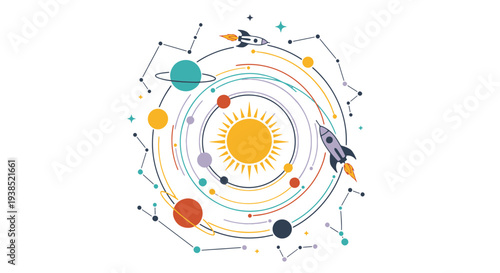 Whimsical Solar System Orbiting a Bright Sun with Colorful Planets Streaks and Rockets Exploring Space