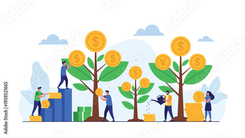 Group of people working together to plant, water, and harvest coins from stylized money trees representing financial growth.