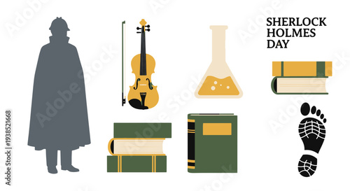 Collection of Sherlock Holmes Day Thematic Elements Including a Silhouette Detective Violin Beaker with Liquid Stack of Books and a Footprint Symbol