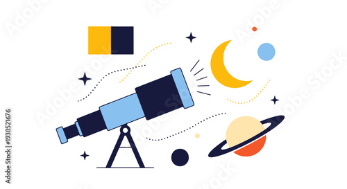 Stylized Telescope Viewing Celestial Bodies Like a Crescent Moon Ringed Planet and Distant Stars Against a Minimalist Cosmic Backdrop