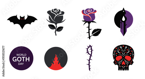 Collection of Gothic Symbols Including Bat Roses Candle Thorny Stem Skull and World Goth Day Text