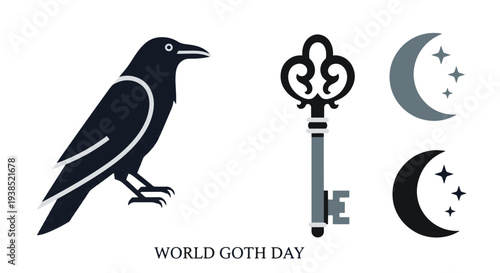Stylized Dark Raven Silhouette with White Eye and Beak Accents Beside an Ornate Black Key and Two Crescent Moons with Stars Symbolizing Gothic Themes